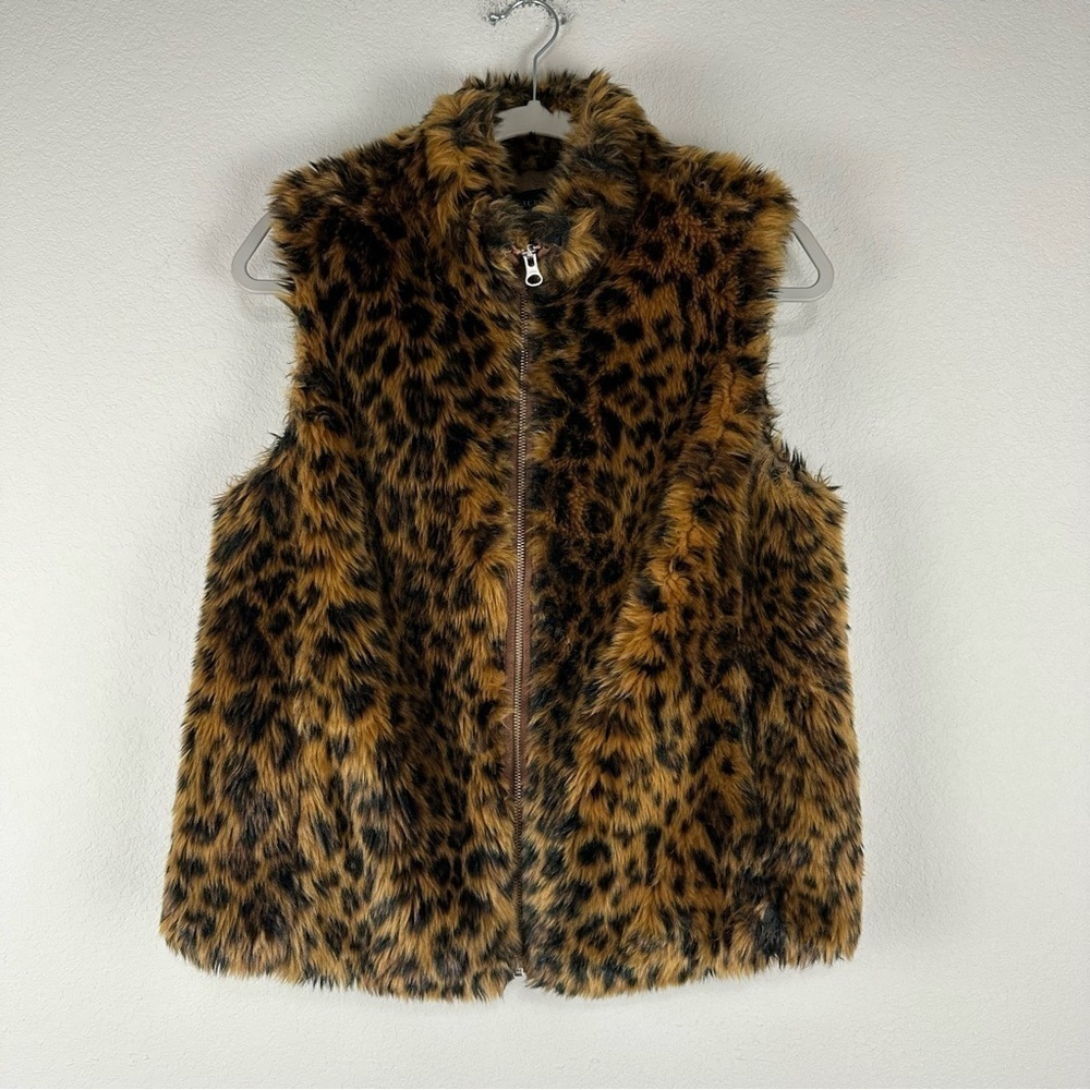 J.Crew Brown Black Leopard Print Faux Fur Full Zip Preppy Fluffy Vest Size Small